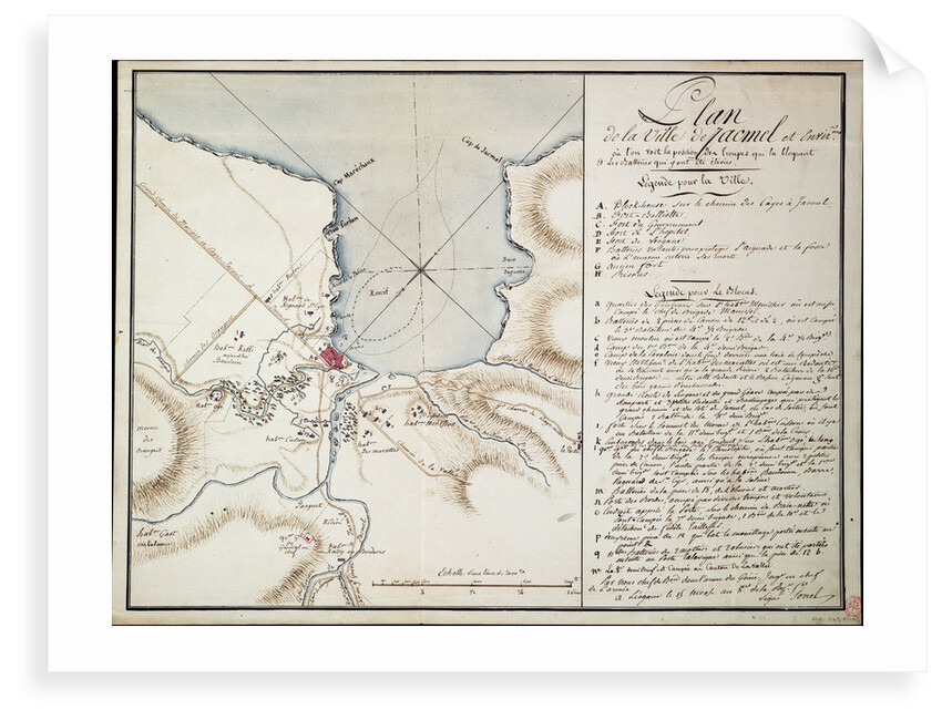 Vicinity of Jacmel, used to indicate lines and positions occupied during the blockade and the batteries established in order to build the besieged defences. by Sorrel