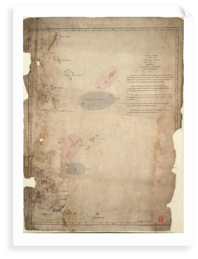 A chart of the islands in the China Sea near the Straits of Malacca with the positions of the English fleet and the squadron of Admiral Linois on the 14 & 15th February 1804 by William Daniell