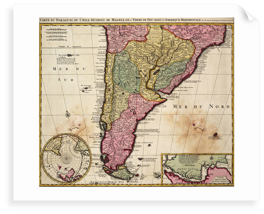 Chart of Paraguay, Chile, Straits of Magellan and Tierra del Fuego in South America by Nicholas Visscher