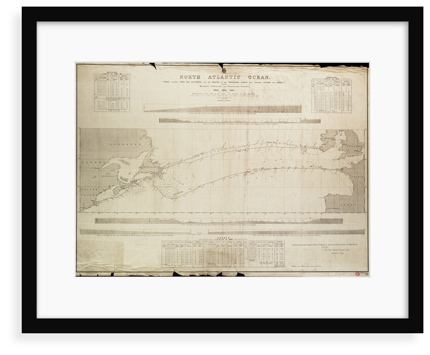 North Atlantic Ocean Chart showing deep sea soundings and tracks of telegraph cables by Malby