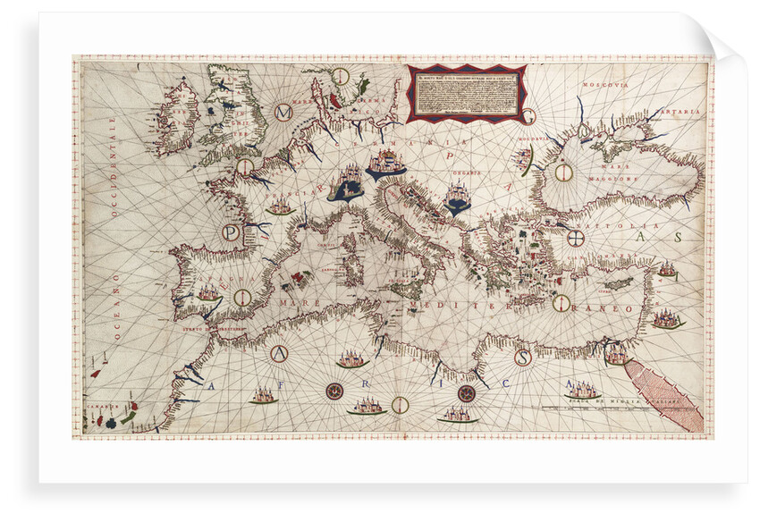 Chart of Mediterranean, Black and Caspian Seas, 16th century by Paulo Forlani