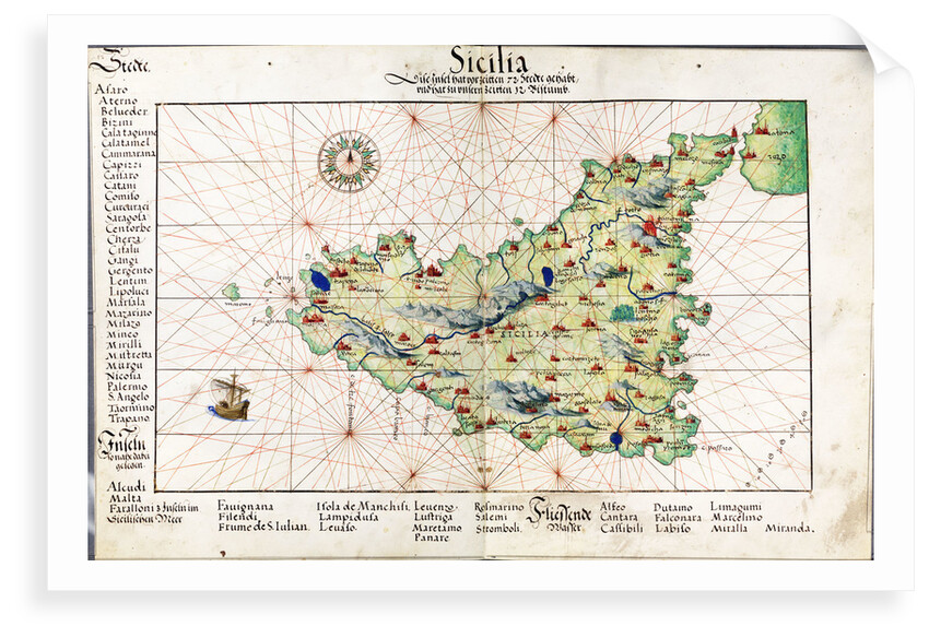 Chart of Sicily, 1554 by Battista Agnese