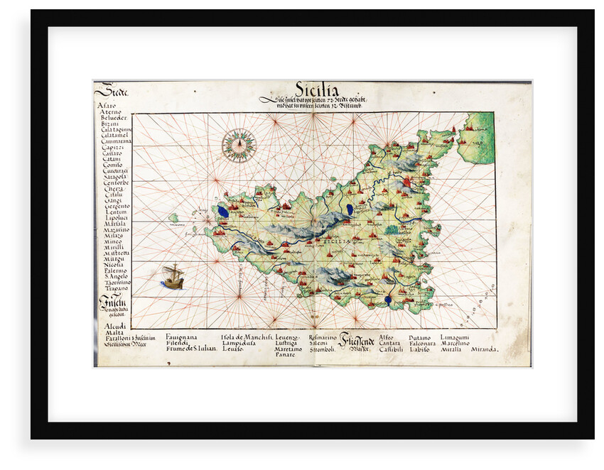 Chart of Sicily, 1554 by Battista Agnese