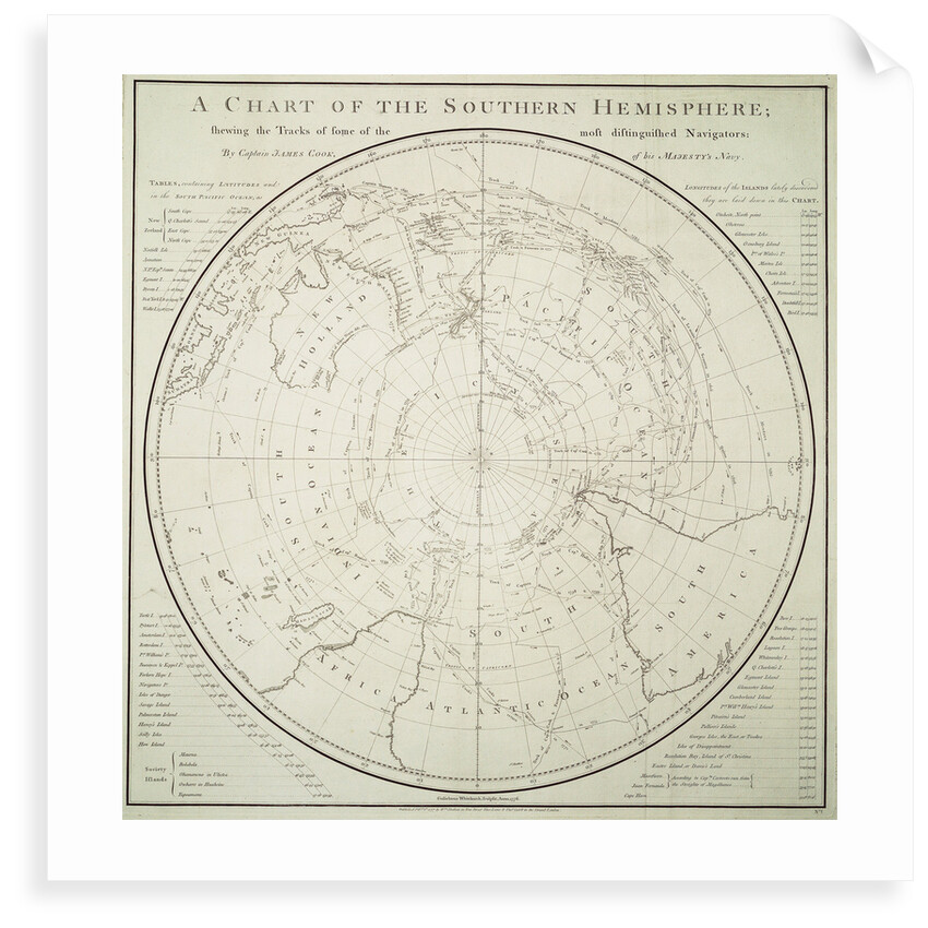 Chart of the Southern Hemisphere showing pre-Cook journeys and discoveries by James Cook