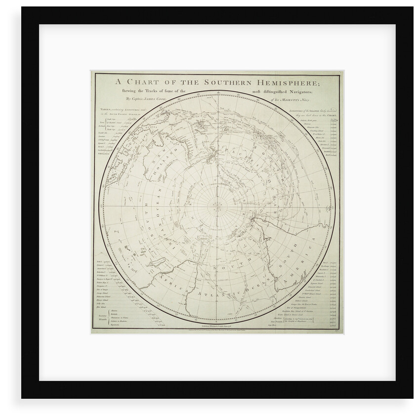 Chart of the Southern Hemisphere showing pre-Cook journeys and discoveries by James Cook