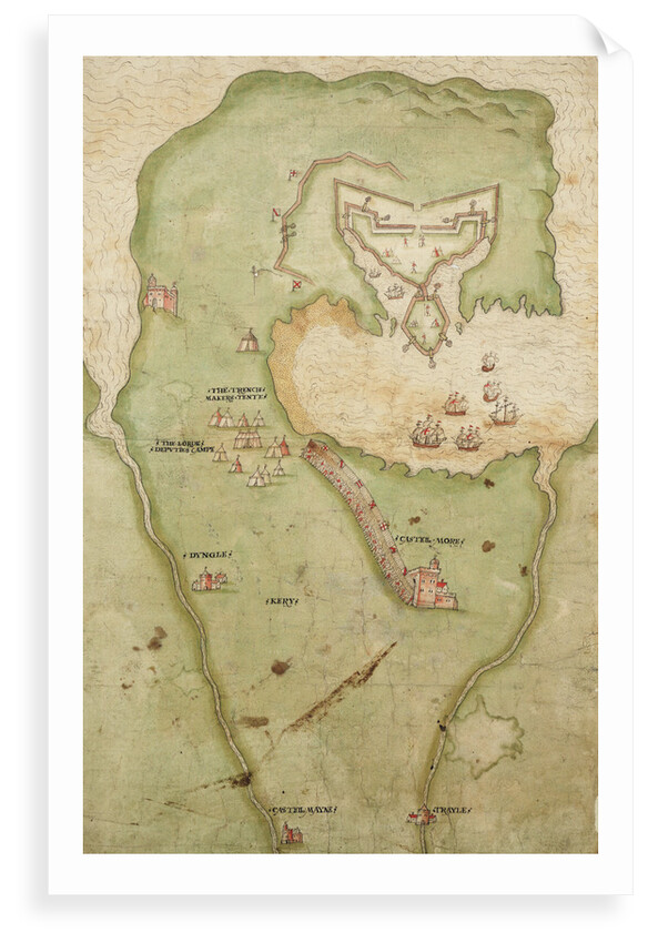 Map of Smerwick, Ireland, showing the English earthwork with two guns for attacking the Spanish fort and English soldiers marching out of Castell More by unknown