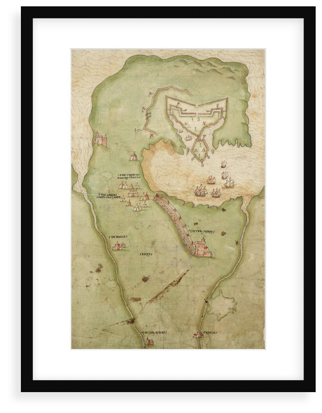 Map of Smerwick, Ireland, showing the English earthwork with two guns for attacking the Spanish fort and English soldiers marching out of Castell More by unknown