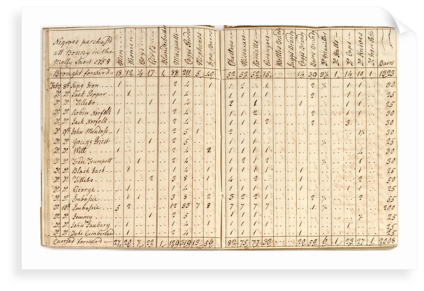 Account book dated 1759; includes list of negroes purchased at Bonny by unknown