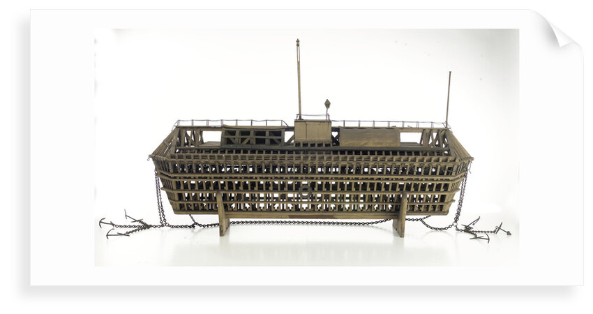Design model, refuge asylum, broadside, with mooring chains by unknown
