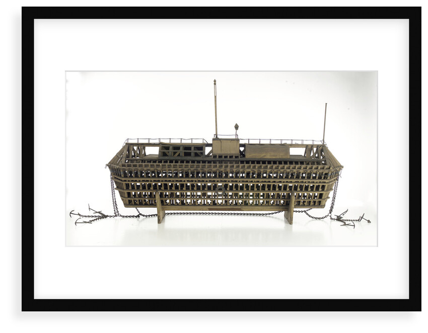 Design model, refuge asylum, broadside, with mooring chains by unknown