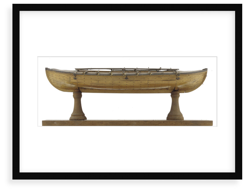 Full hull model, 16-oar outrigger lifeboat, port broadside by unknown