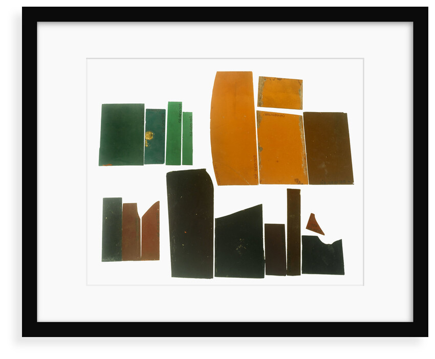 Eighteen pieces of coloured glass (five amber, three crimson, four dark green, six purple) in a bag by unknown