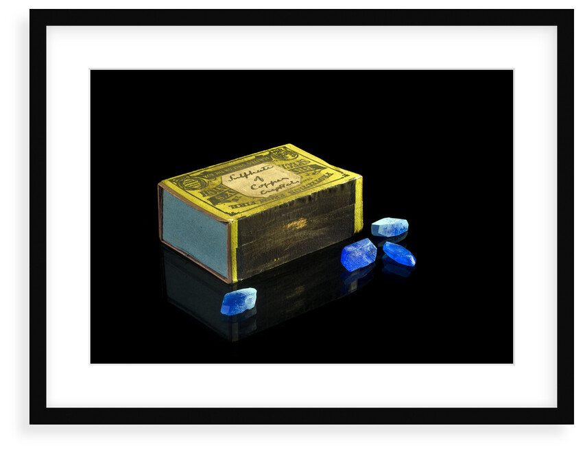 Matchbox containing eighteen copper sulphate crystals by unknown