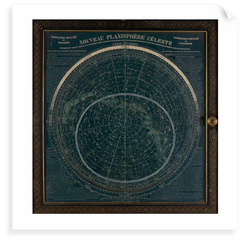A planisphere printed in white on a dark blue background by Leon Jaubert