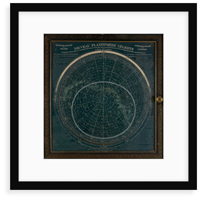A planisphere printed in white on a dark blue background by Leon Jaubert