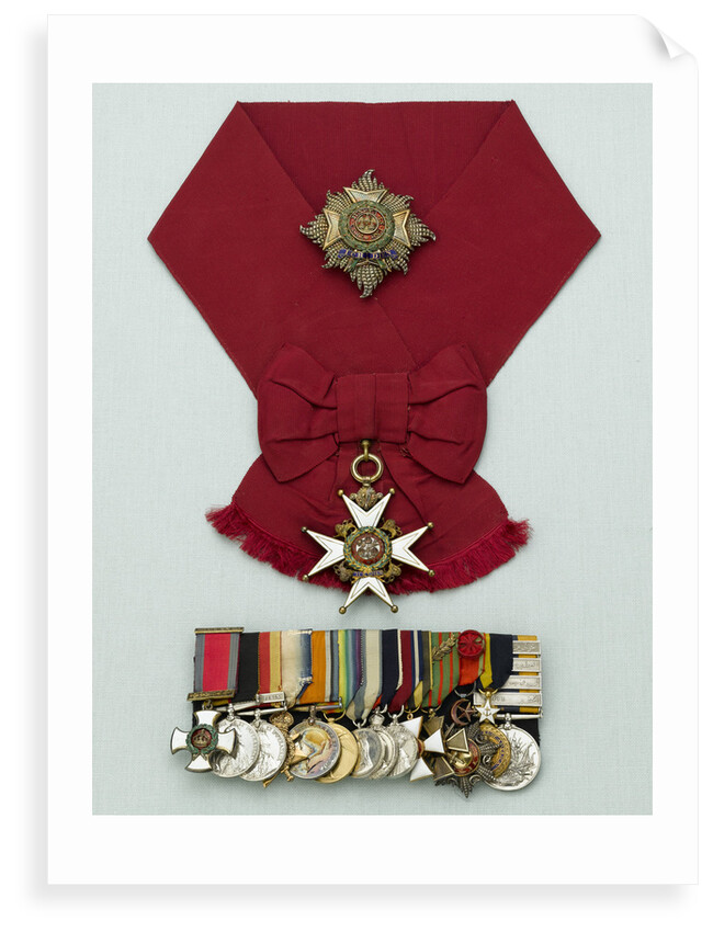 Medals awarded to Admiral of the Fleet, Earl David Beatty, on a presentation board, including a Sash, Badge and Star, and a bar of 14 medals, (left to right) MED2214-27 by unknown