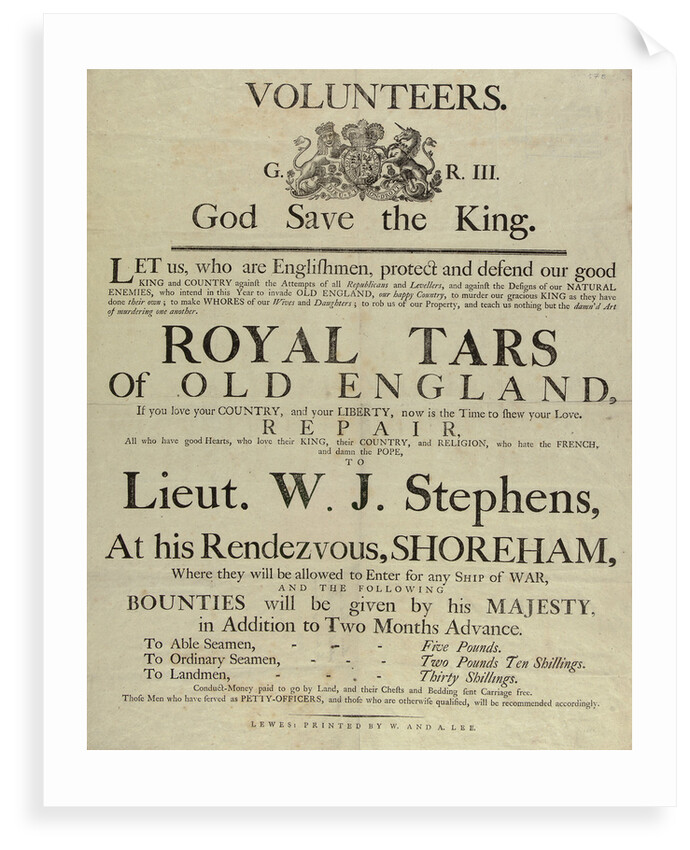 'Royal Tars of Old England', a recruitment poster for volunteers by W. & A. Lee