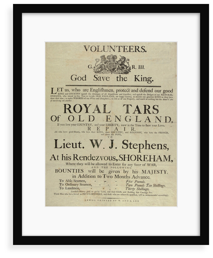 'Royal Tars of Old England', a recruitment poster for volunteers by W. & A. Lee