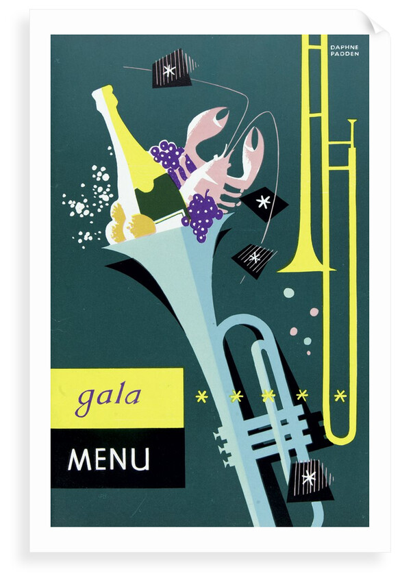 Front cover of gala menu from SS 'Strathmore', depicting trumpet and champagne by Daphne Padden