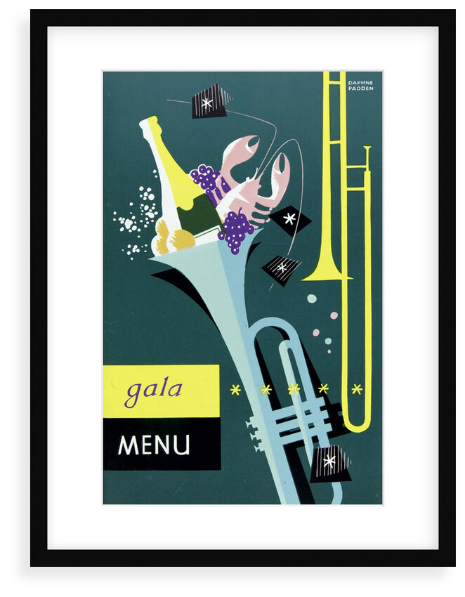 Front cover of gala menu from SS 'Strathmore', depicting trumpet and champagne by Daphne Padden