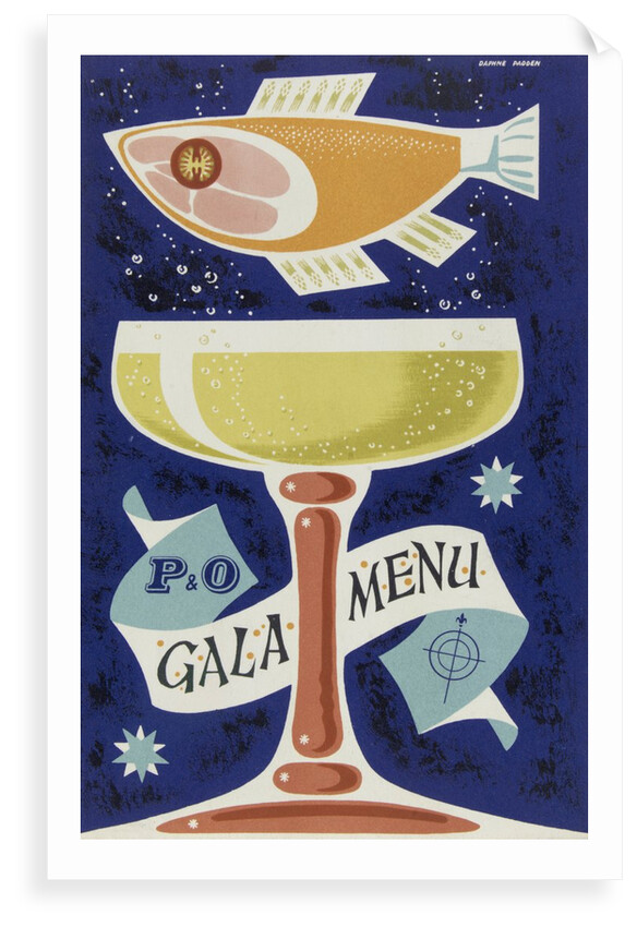 Front cover of P&O gala menu, depicting fish and glass by Daphne Padden