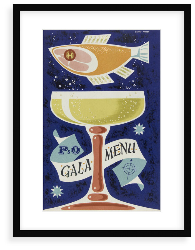 Front cover of P&O gala menu, depicting fish and glass by Daphne Padden