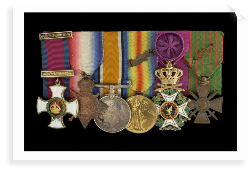 Medals on bar (obverse, left to right): Distinguished Service Order, 1914-15 Star; British War Medal 1914-1918; Victory Medal 1914-1918; Order of Leopold, 4th class (military); Croix de Guerre 1914-1918 by W. Wyon