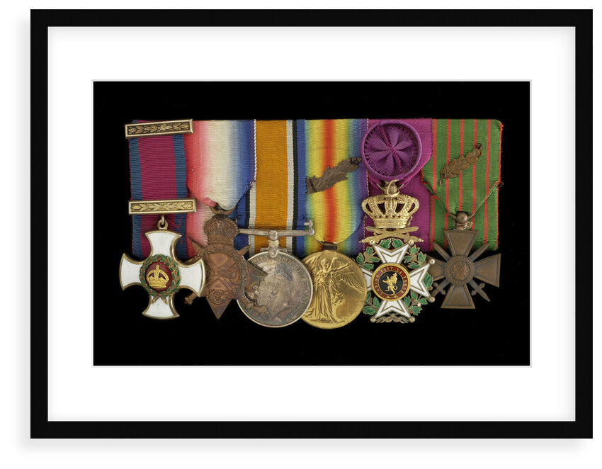 Medals on bar (obverse, left to right): Distinguished Service Order, 1914-15 Star; British War Medal 1914-1918; Victory Medal 1914-1918; Order of Leopold, 4th class (military); Croix de Guerre 1914-1918 by W. Wyon
