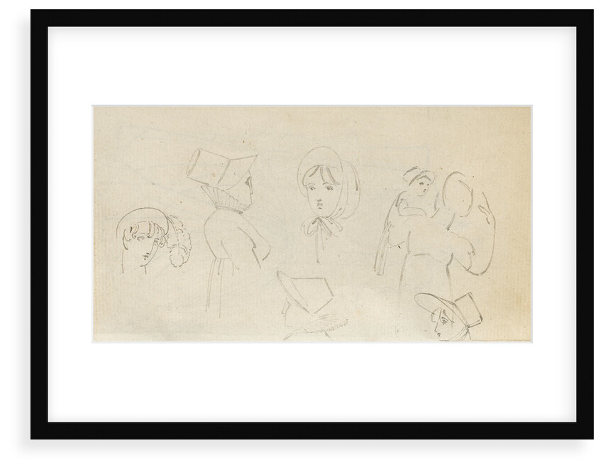 A woman in a turban, four sketches of a woman in a bonnet and a woman carrying a child (verso) by Thomas Baxter