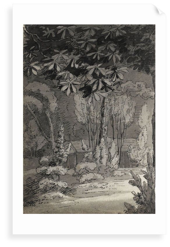 A view through trees towards a single-storey building (verso) by Thomas Baxter