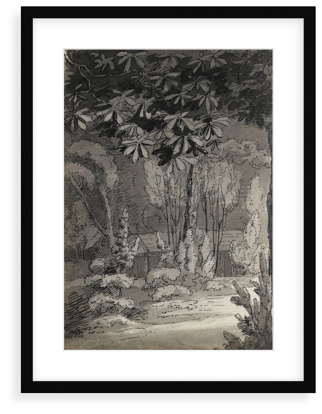 A view through trees towards a single-storey building (verso) by Thomas Baxter