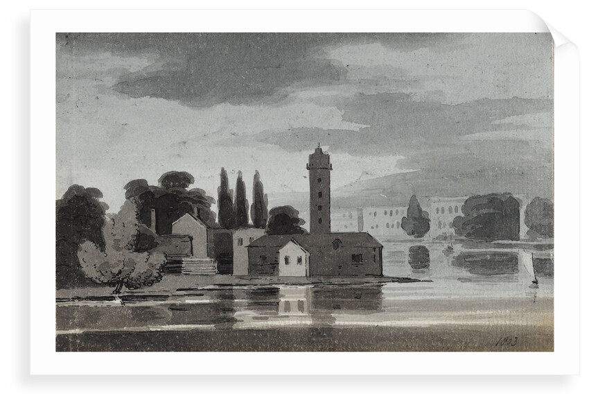Buildings viewed over a lake or river (verso) by Thomas Baxter