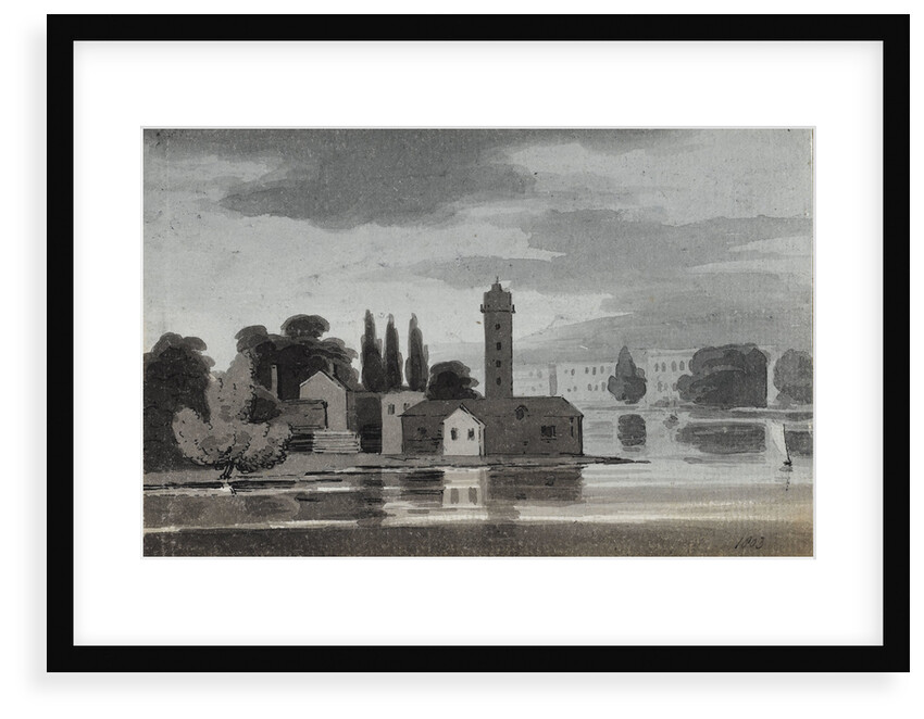 Buildings viewed over a lake or river (verso) by Thomas Baxter