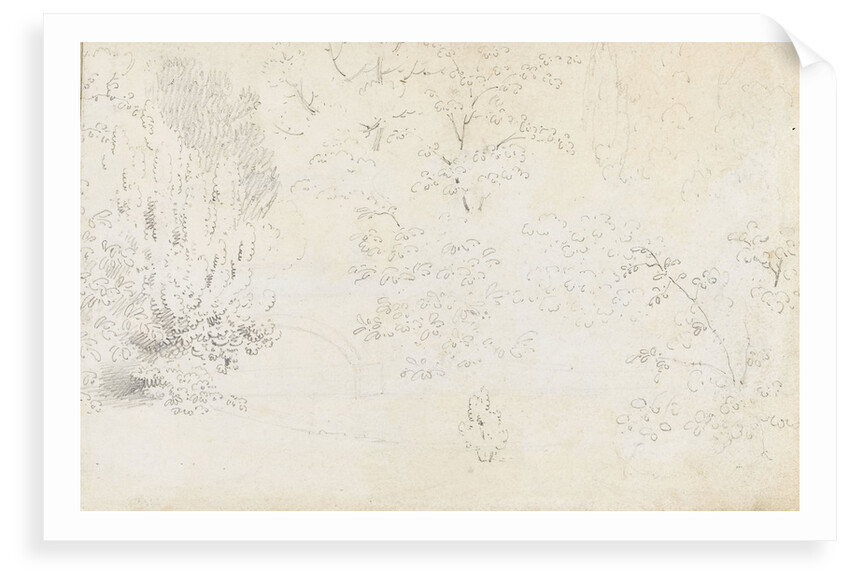 A study in graphite of the bridge and trees from the west (verso) by Thomas Baxter