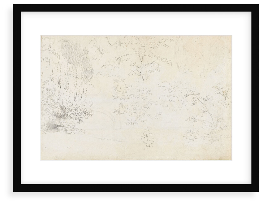A study in graphite of the bridge and trees from the west (verso) by Thomas Baxter