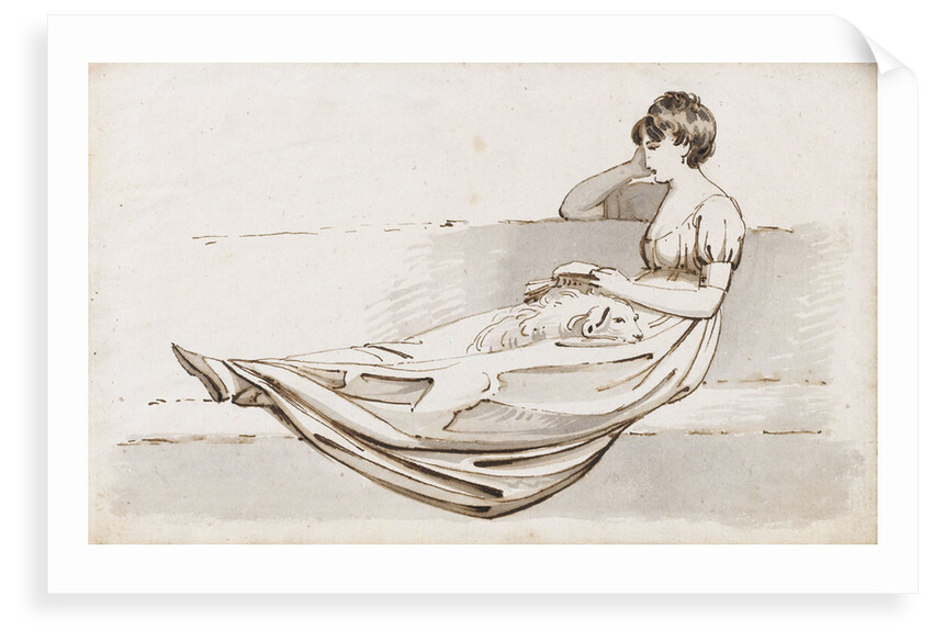 A young woman reclining on a sofa reading a book, possibly one of the Connors, Emma's cousins by Thomas Baxter