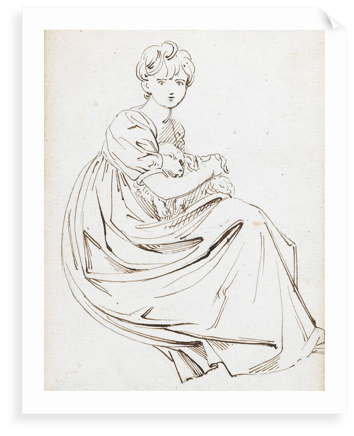 A young woman seated or crouching holding a dog in her lap, possibly Charlotte Nelson by Thomas Baxter