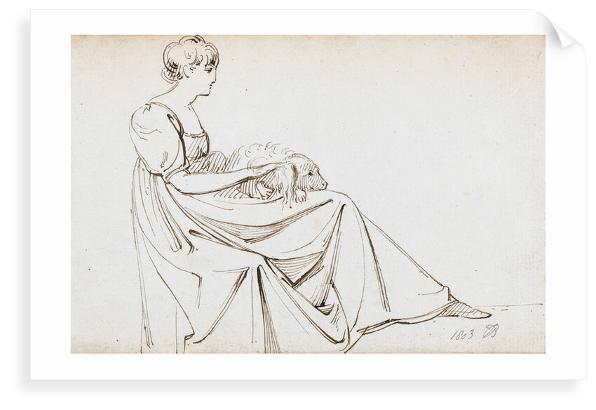 A young woman seated with a dog on her lap by Thomas Baxter