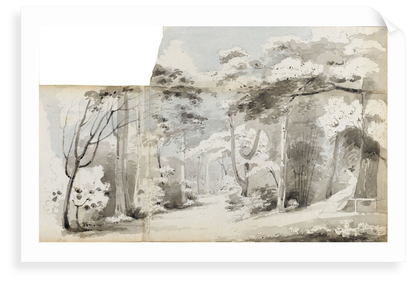 A young woman, perhaps Charlotte Nelson, seated in an arbour in a wooded landscape by Thomas Baxter