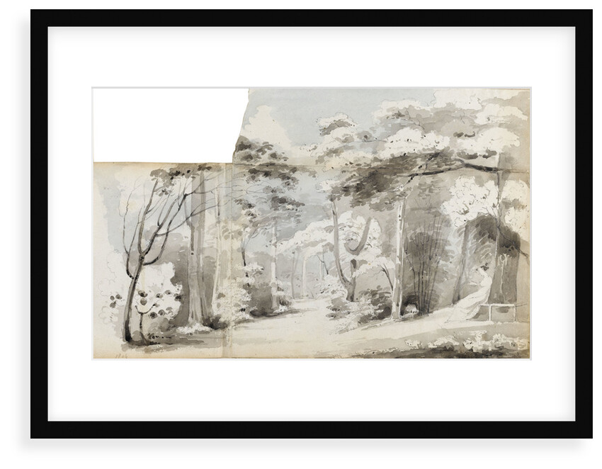 A young woman, perhaps Charlotte Nelson, seated in an arbour in a wooded landscape by Thomas Baxter