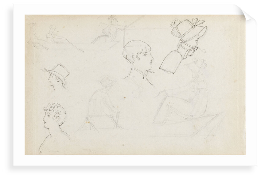 Studies of young women rowing and of heads in profile (recto) by Thomas Baxter
