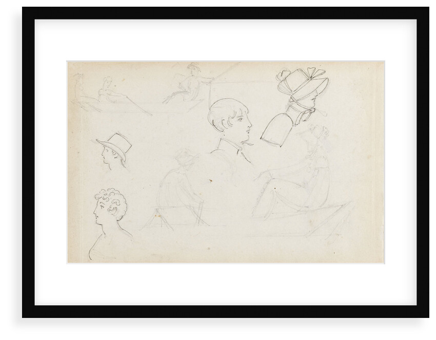 Studies of young women rowing and of heads in profile (recto) by Thomas Baxter