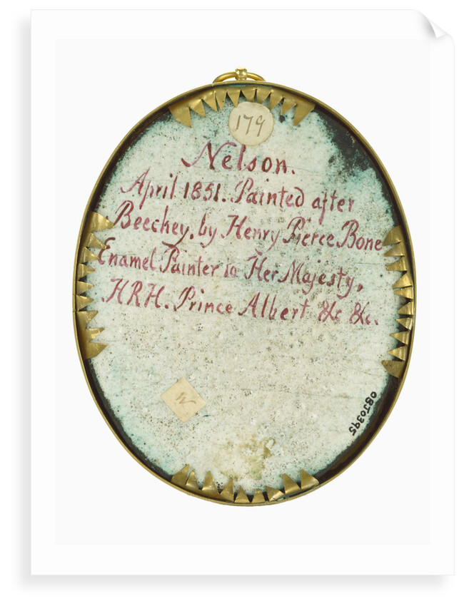 An enamel miniature depicting Vice-Admiral Horatio Nelson (1758-1805), in full-dress uniform, hatless and facing 3/4 right by Henry Pierce Bone
