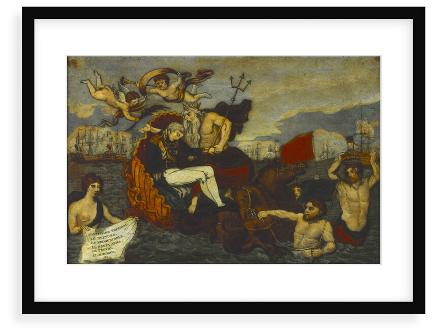 Neptune drawn by Sea Horses, and preceded by Tritons bearing Emblematic Devices supporting his favourite son Admiral Lord Nelson in his Last Moments' by Stampa & Son