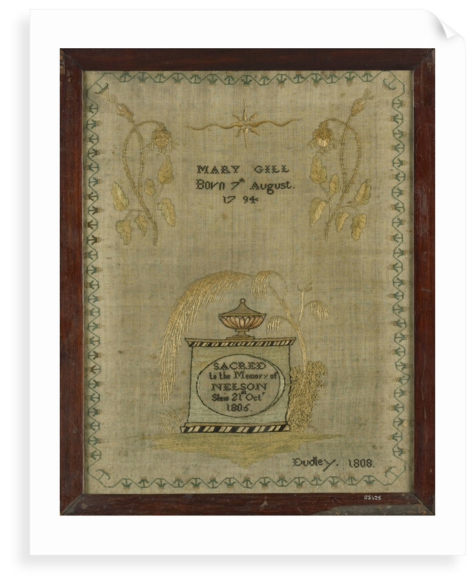 A mourning sampler framed in oak by Mary Gill
