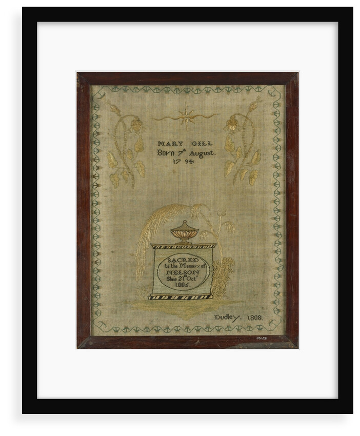 A mourning sampler framed in oak by Mary Gill