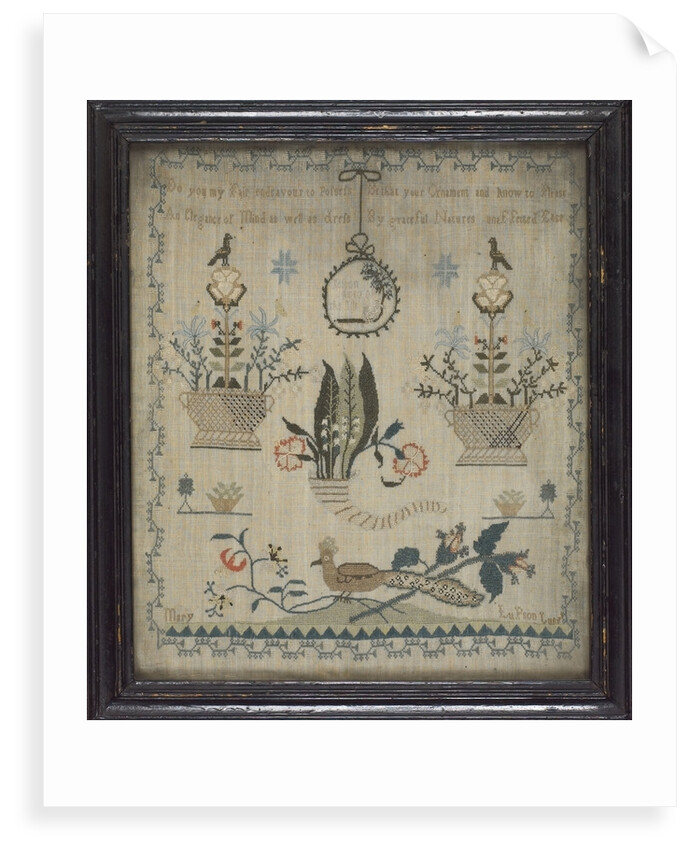 Framed and glazed linen sampler by Mary Lupson