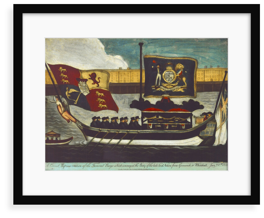 Picture on glass: 'A Correct Representation of the Funeral Barge which conveyed the Body of the Late Lord Nelson from Greenwich to Whitehall Jany. 8th. 1806.' by W.B. Walker