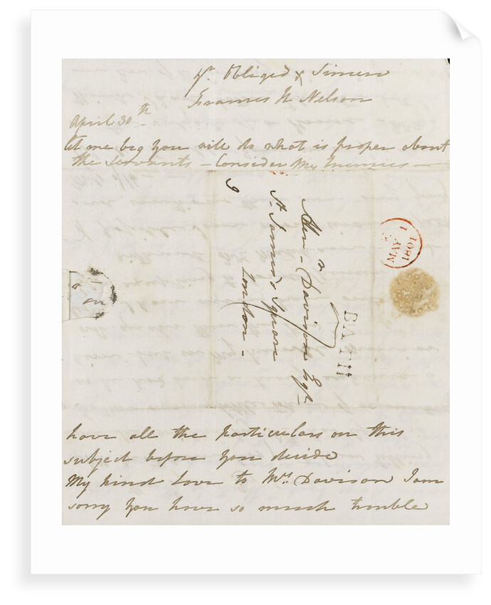 Letter from Lady Nelson to Alexander Davison, back page by Lady Frances Nelson