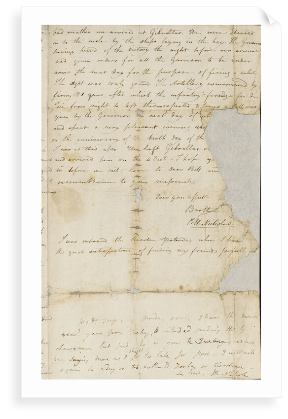Letter from Lt Paul Nicolas of HMS 'Belleisle' with account and battle plan for Trafalgar, 1805 by Paul Nicolas